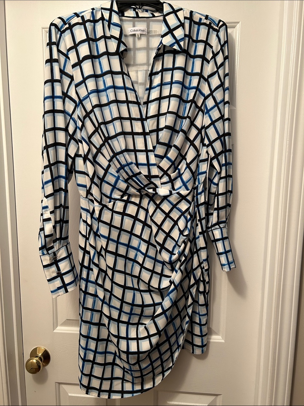 Calvin Klein Men’s White Shirt with Blue & Black Windowpane GridDress